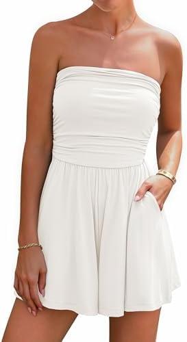 BTFBM Summer Womens Romper 2025 Strapless Tube Top Beach Vacation Clothes Ruffle Boho Loose Shorts Jumpsuits Pockets. M