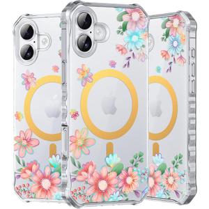 2 x PIXIU Case for iPhone 16 Compatible with Magsafe, Laser Glossy Pattern,Cute Curly Wave Clear TPU Bumper Military Grade Drop tection Phone Cover for Women/Girls -Pink Flower