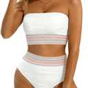 High Waisted Bandeau Bikini Set - Women Strapless Two Piece Swimsuits Ribbed Longline Full Coverage Bathing Suits Swimwear, XXL