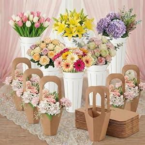 LemonRoad 56 Pcs Flower Bar Buckets Set Kit 6 Pcs Galvanized Bucket Bar 50 Packs Kraft Paper Flowers Gift Bags for Wedding and Cut Flowers, Balcony Garden(Handheld, Galvanized Iron, 11.8 Inch)