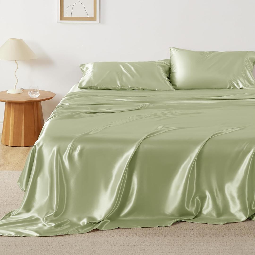 Bedsure Satin Sheets King Size Bed Set - Luxury Silky Bed Sheet Set, Ultra Soft & Wrinkle Free, Good for Hair & Skin, Gifts for Women, 15 Inches Deep Pocket, 4-Piece (King, Sage Green)