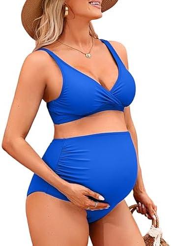 Charmo High Waisted Maternity Swimsuit Bikini Set V Neck Pregnancy Bathing Suits Push Up Two Piece Swimwear, Bright Blue  M