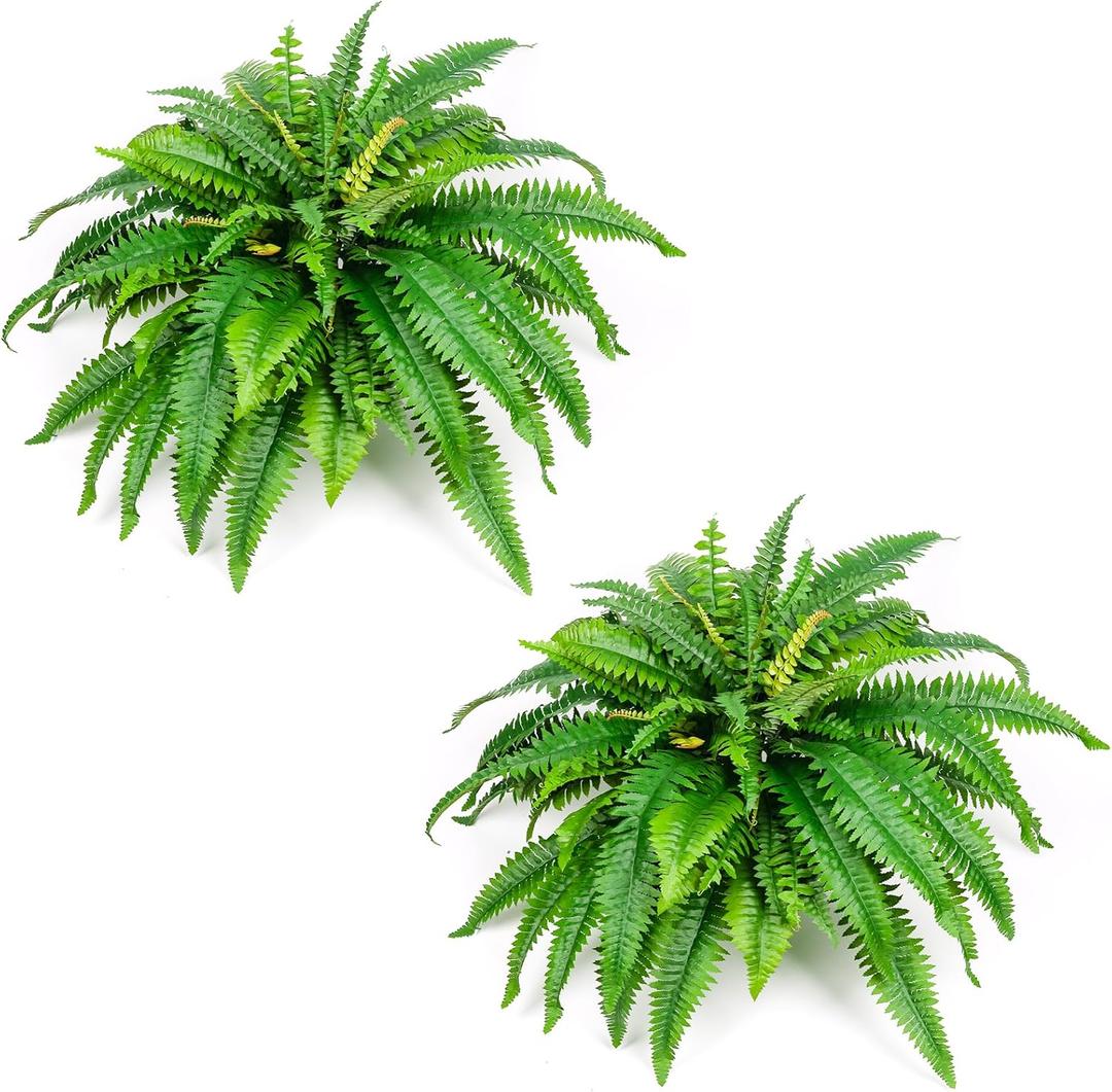 2-Pack 42" Fake Ferns for Outdoor Planter 79 Fronds Large Artificial Boston Fern Bush, Faux Hanging Baskets Plants Indoor 28" Tall Home Office Garden Porch Decor