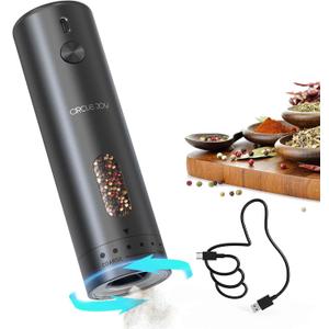 CIRCLE JOY Electric Pepper Grinder Rechargeable, Automatic Pepper Mill with 110ml Container, External Adjustable Coarseness, White Led Light and One-Handed Operation, Black