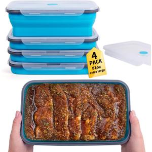 Extra Large Collapsible Food Storage Containers with Lid & Air Vent, 81 oz, 4 Pack, XXL Collapsible Marinade Container BBQ Prep Foldable Silicone Containers, Microwave Freezer Dishwasher Safe, Blue