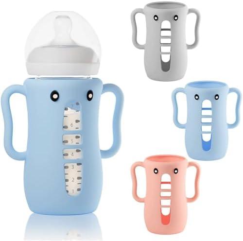  2 Pack Sleeves for Avent Baby Bottle, BPA Free Silicone Sleeves with Handles for Avent Natural Glass Baby Bottles, Anti Breakage Cover for Phillips Glass Avent Bottles (Pink+Blue+Grey, 8 Oz)