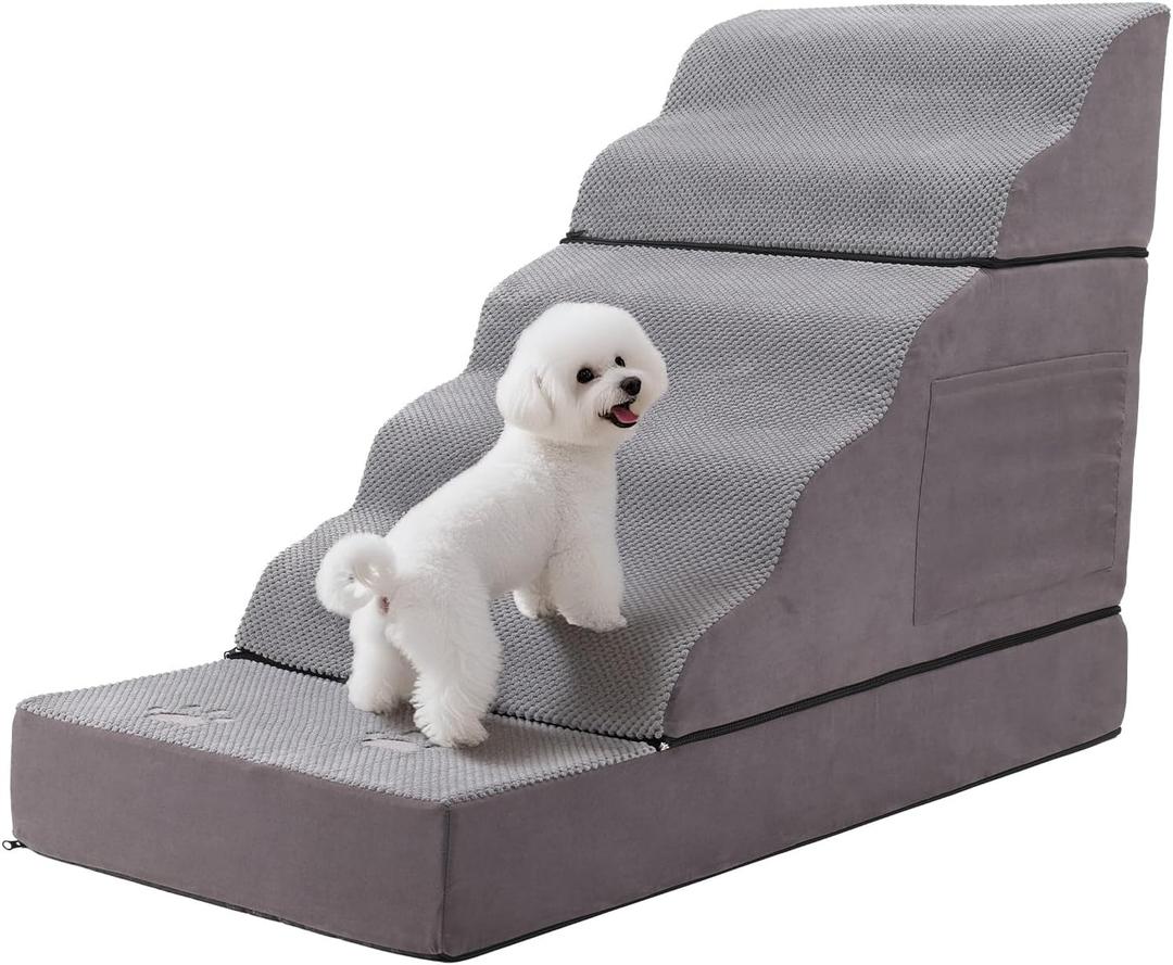 Large Dog Stairs Extra Large Dog Steps for Bed, Couch & Car, 6-Step Pet Steps for Puppies & Senior Dogs, Pet Stairs with Washable Cover, Side Pockets, Non-Slip Bottom, 43.3" L x 19.7" W Grey