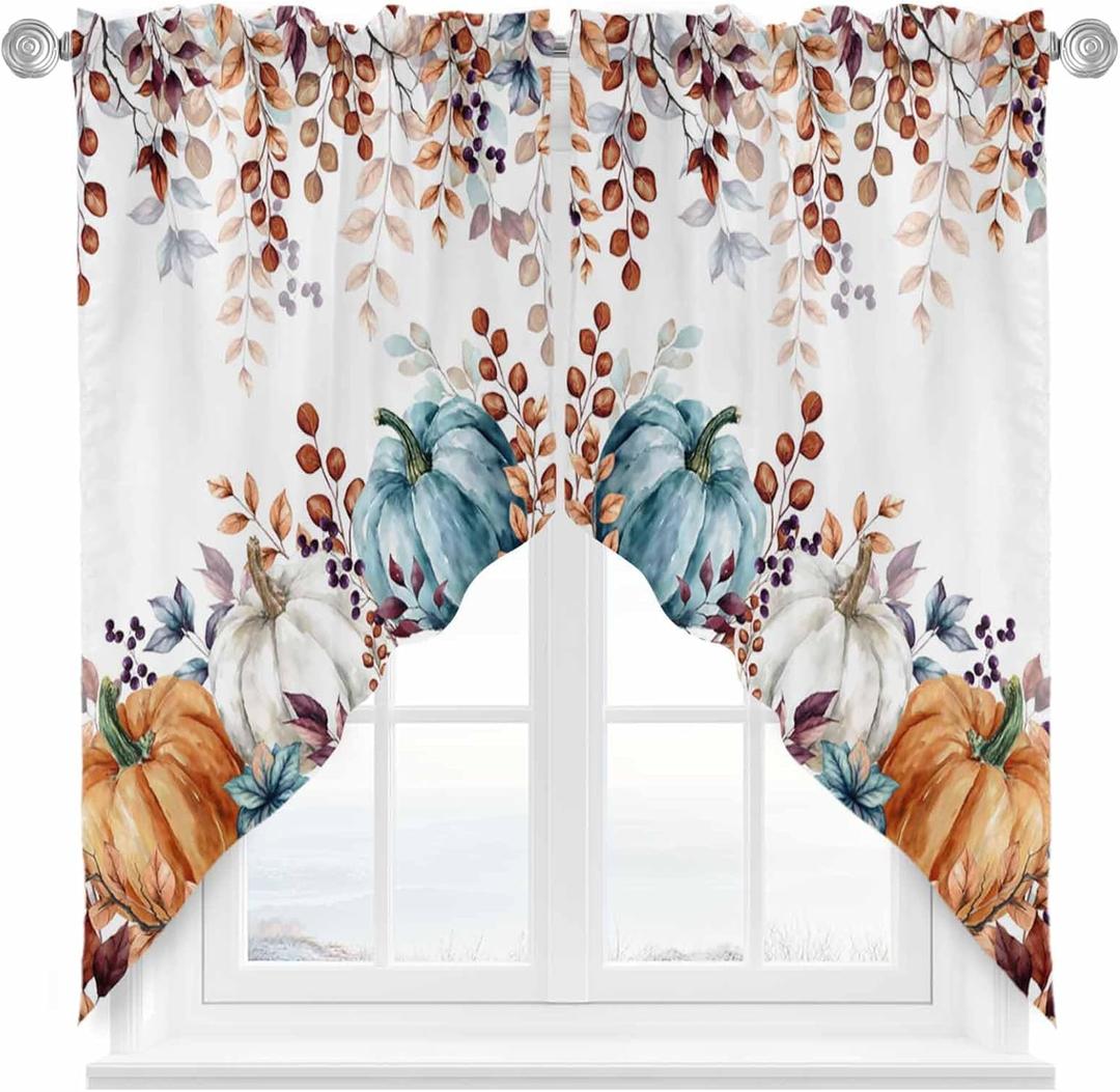 Fall Swag Valance, Autumn Pumpkin Rod Pocket Window Treatment Thanksgiving Leaves Scalloped Swag Kitchen Curtains for Living Room Bathroom Window, 1 Pair, 28" W x 36" L