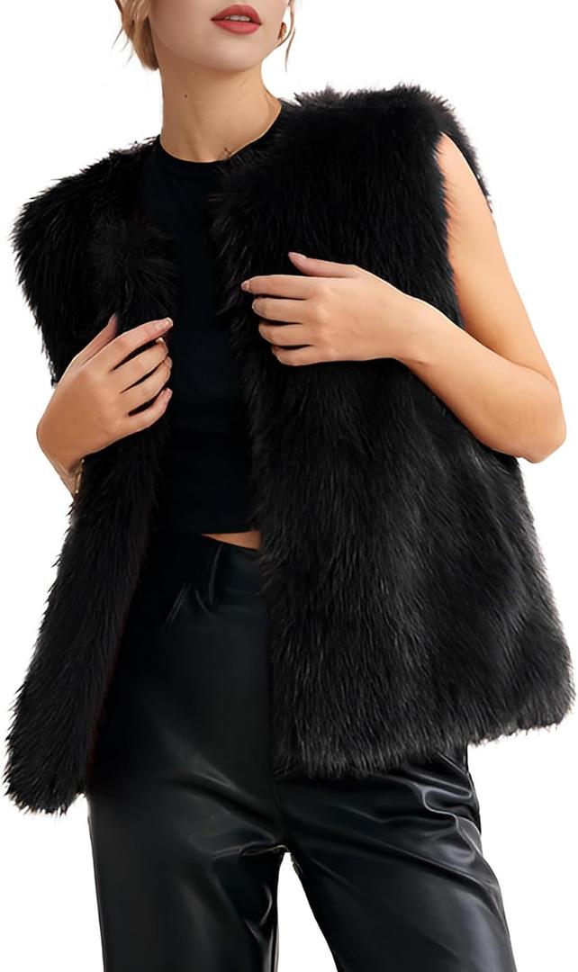 Women's Faux Fur Vest Sleeveless Fuzzy Jacket Fluffy Faux Fur Vest for Women Warm Winter Furry Vests Outerwear (Black), X -Large