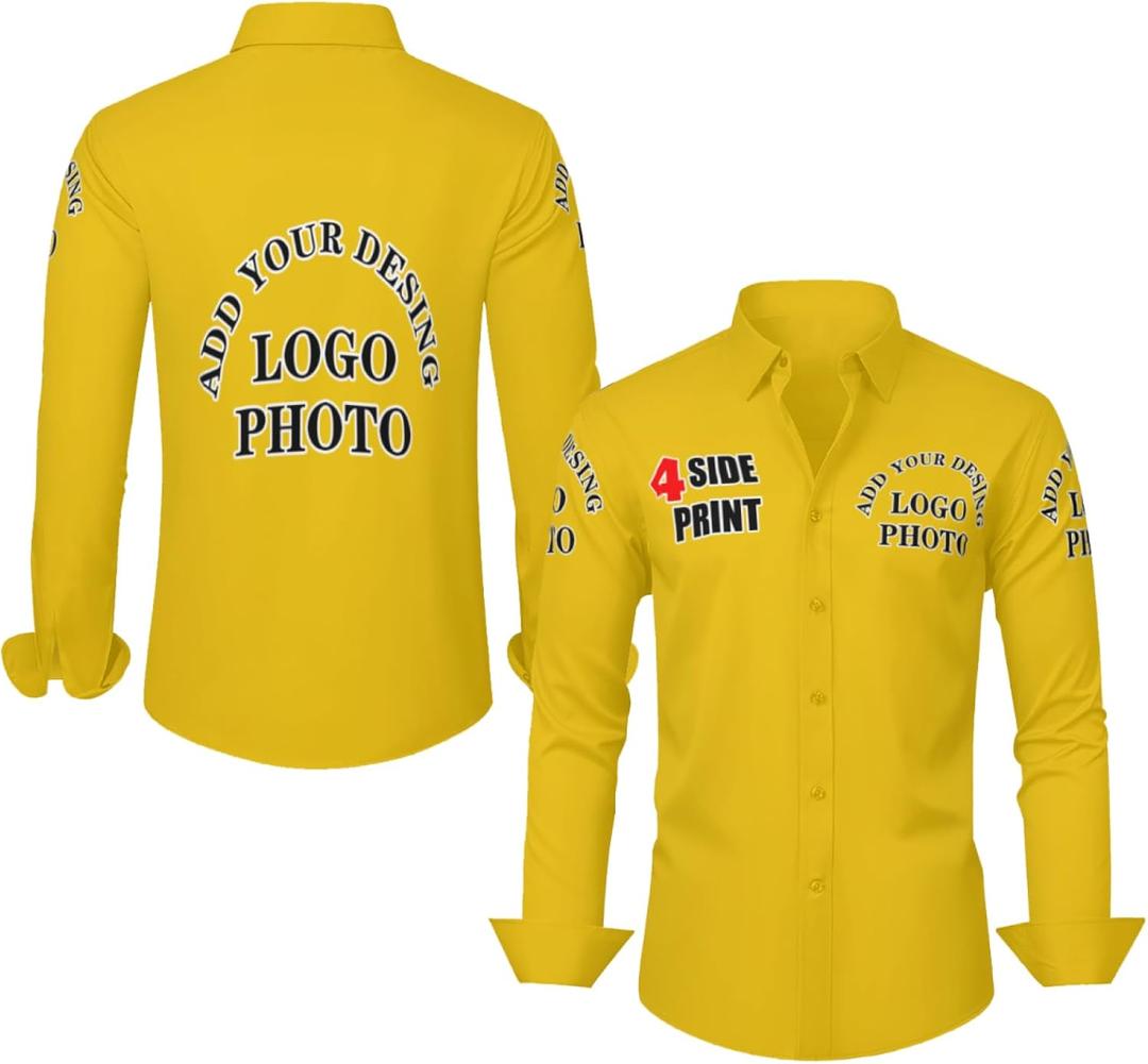 Custom Long Sleeve Shirts Bulk Personalized Work Shirt with Logo Picture Text Print Design Your own Button Down Shirt (XX-Large, Gold)