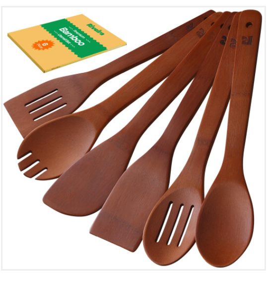 Riveira Premium Brown Bamboo Wooden Spoons for Cooking Set of 6 – Premium Brown Bamboo Wooden Cooking Utensils, Wooden Spatula, Wooden Spoon - Premium Quality Wooden Utensil Set for Non-Toxic Cooking, Pack of 2