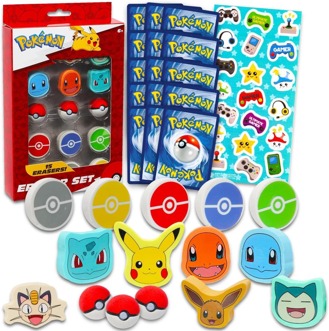 Pokemon Party Favor Set - Bundle with 15 Erasers Featuring Pokeball, Charmander, Bulbasaur, More Plus Trading Cards, Stickers | Pokemon Party Supplies Kit for Kids, Boys, Girls