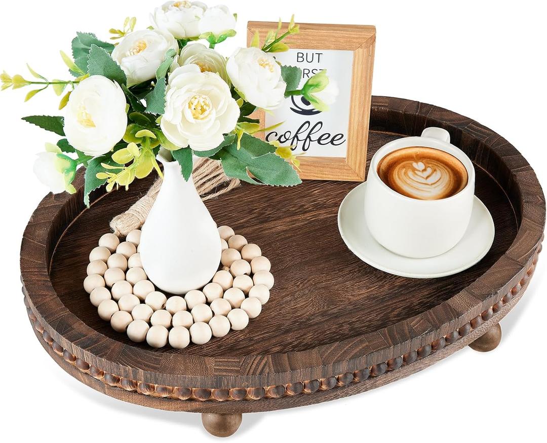 Wooden Decorative Tray-16×11.8in Wood Beaded Coffee Table Decor Tray, Rustic Farmhouse Decor Tray for Living Room, Bathroom, Kitchen Dining Table, Serving Tray Home Decor