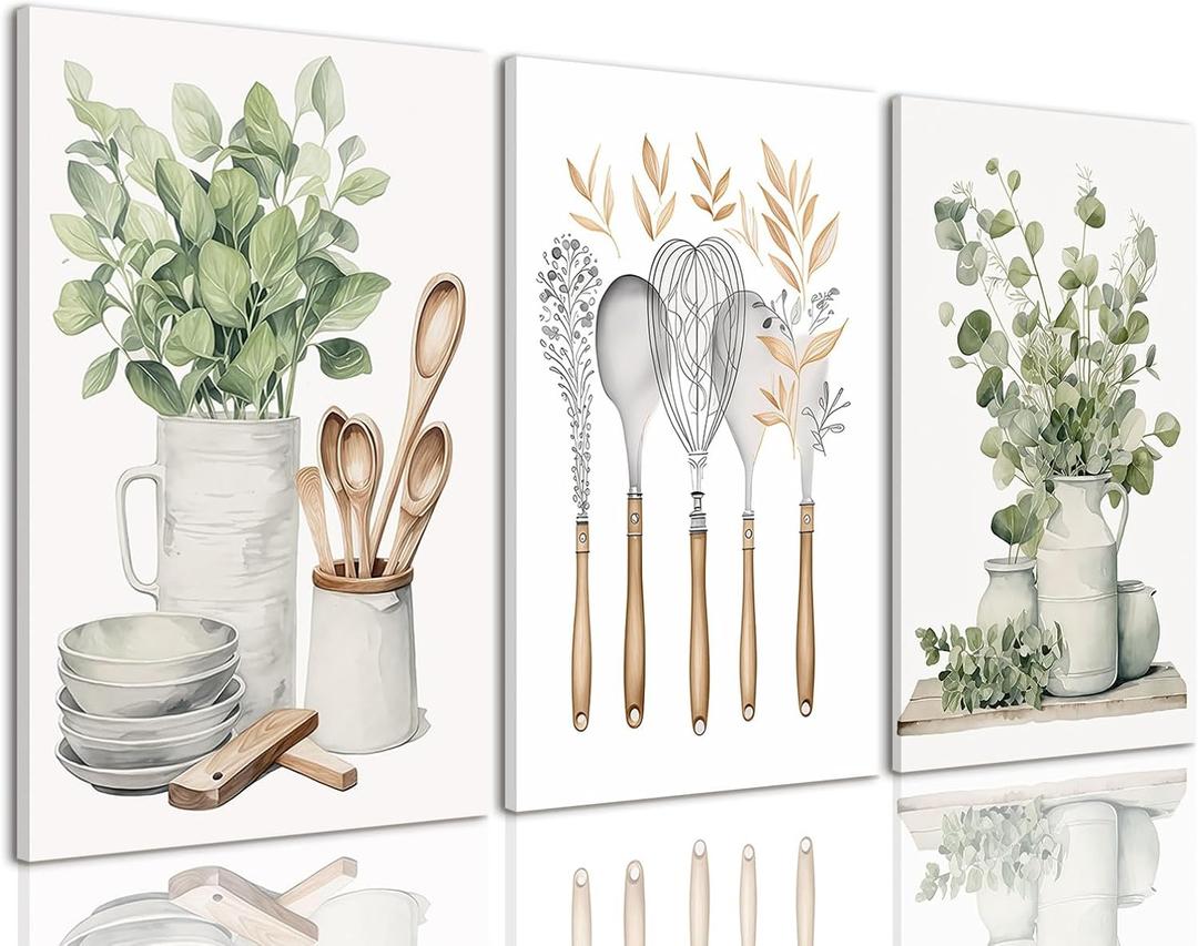 AOYUSMO 3 Piece Sage Green Eucalyptus Canvas Wall Art for Kitchen Boho Botanical Framed Wall Art Farmhouse Neutral Painting Prints for Dining Room 12"x16"