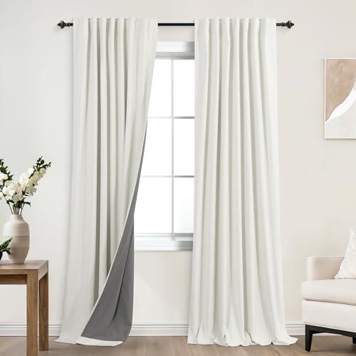 KOUFALL 86 Inch Length Ivory Back Tab Linen Blackout Curtainsfor Living Room