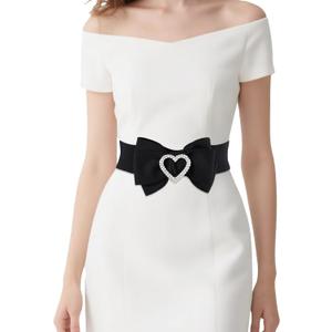 Women's Elastic Heart Rhinestone Bow Belt Stretch Ladies Belts for Dress (Large, Black)