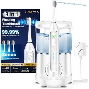 Electric Toothbrush with Water Flosser 3-in-1 Combo, Professional Sonic Toothbrush for Adults, 3 Brush Modes+5 Floss Speeds, Rechargable, 2.0 Flossing Toothbrush for Oral Care, Portable Travel Case