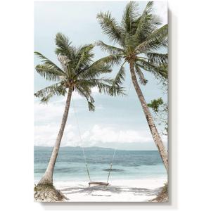 Beach Coastal Canvas Wall Art: Seaside Palm Tree Painting Seascape Swing Hanging on Coconut Trees Picture Light Blue Seawater Ocean Artwork Decor for Living Room 36"x24"x1panel