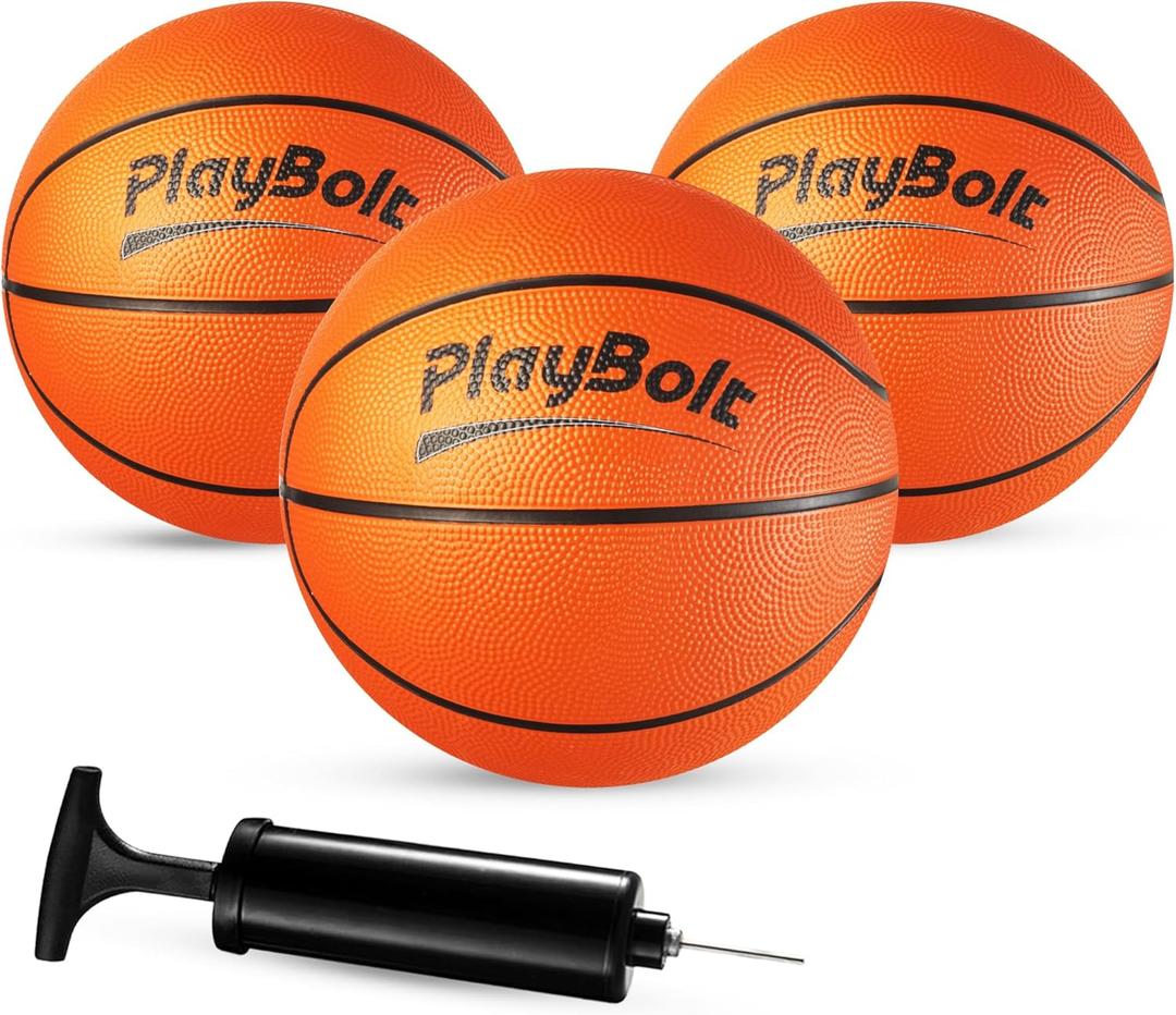 PlayBolt Size 3 Mini Basketballs (2 Pack) - 7-Inch Junior Rubber Basketball Set w/Pump - Youth Beginner Kids Basketballs for Backyard Pool Parties, Arcade Games, Practice & Play