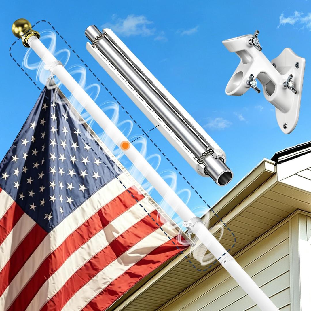 6Ft Aluminum Tangle-Free Spinning Flag pole Kit, for outside home, White