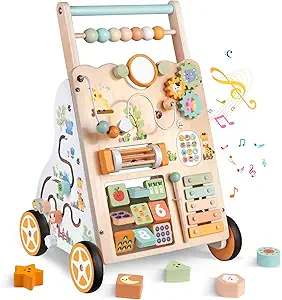 Wooden Baby Walker with Wheels, Push Walker with Baby Activity Center, Montessori Walking Toy for Girls Boys, Ajustable Speed & Height Activity Toy for Toddler Learning to Walk