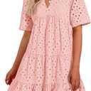 BTFBM Womens Boho Summer Dresses 2026 Spring V Neck Short Sleeve Hollow Out Lace Ruffle Casual Beach Mini Vacation Dress (XX-Large, Pink)