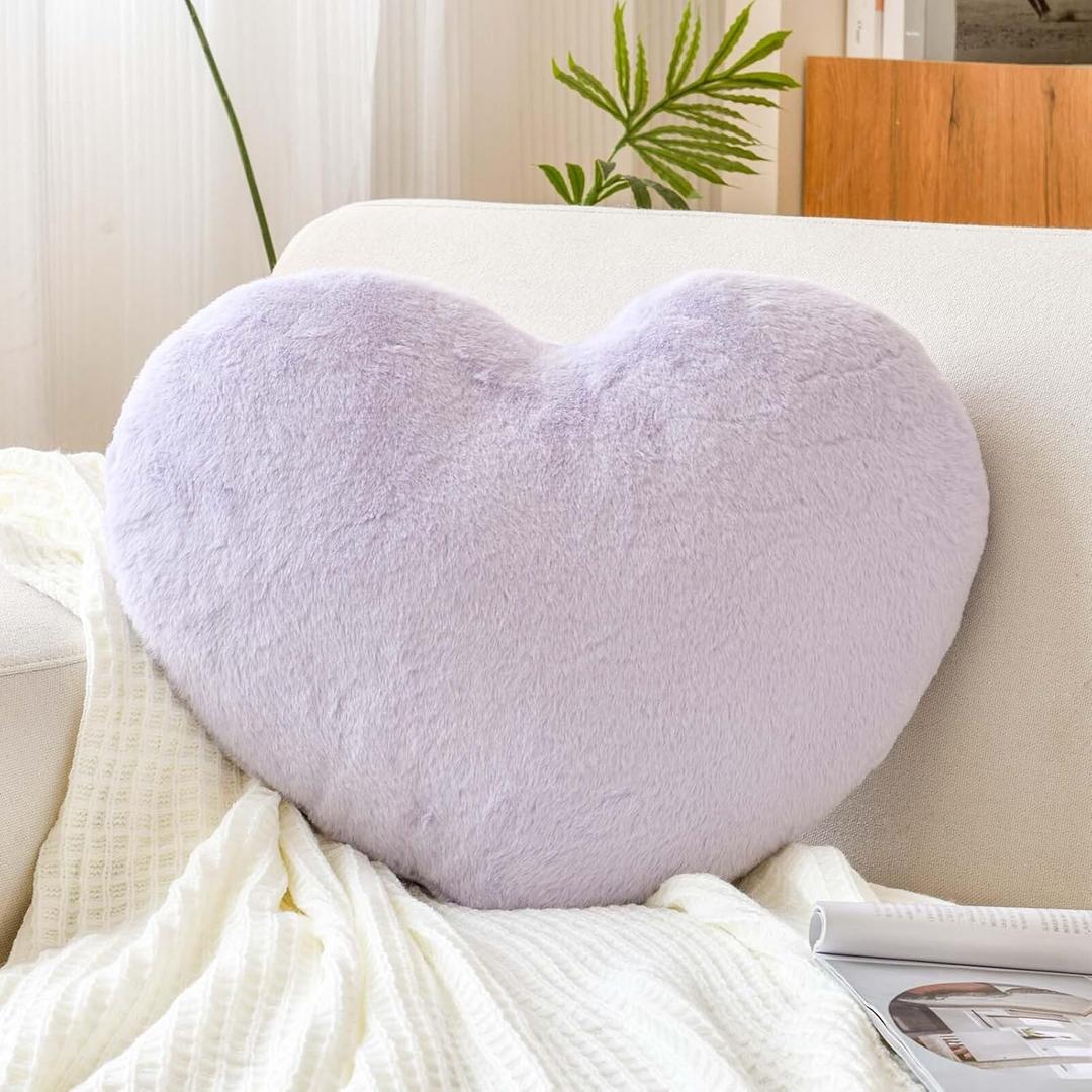 Lavender Heart Pillows, Cute Heart Decorative Pillow, Heart Shaped Throw Pillows for Bed, Faux Rabbit Fur Plush Hoom Decor Pillow Cushion for Chair Sofa Living Room (Mini 12.9" x 9.8")