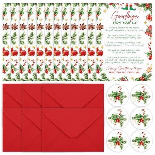 Motiskyy 6 Sets Elf Goodbye Letter Set with Red Envelope Christmas Elf Farewell Poem Message Departure Letter for Christmas Event Holiday Game Holiday Gift