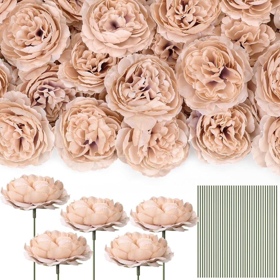 Thiccywoov 100 Pcs Flowers Long Stem Artificial Rose, 3.2 Inches Silk Rose Head Flowers Fake for Wedding Bridal Bouquet Independence Day Home Floral DIY Centerpieces Party Decoration(Nude)