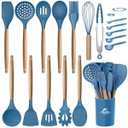 MIBOTE 17 Pcs Silicone Cooking Kitchen Utensils Set with Holder, Wooden Handles BPA Free Silicone Turner Tongs Spatula Spoon Kitchen Gadgets Utensil Set for Nonstick Cookware (Blue)