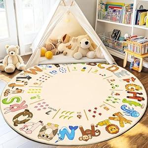 Bolacrom Kids Rugs for Playroom, 4'x4' Round Educational Rug for Learn The ABC Alphabet, Soft Machine Washable Non-Slip Cute Animal Carpet for Classroom Toddler Nursery Kids Room Decor Mat, Beige