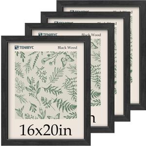 16x20 Picture Frame 4 Pack - Black Solid Wood Poster Photo Frame - Tempered Glass - Woodgrain Series - Room, Office, Gallery, Studio Display - Wall Hanging