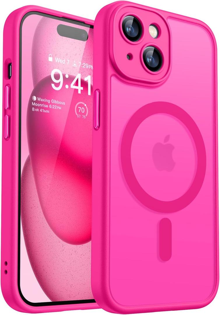 CANSHN Magnetic for iPhone 15 Case, Upgraded [Full Camera Protection] [Compatible with Magsafe] [Translucent Matte] Shockproof Protective Phone Case for iPhone 15 6.1" - Hot Pink