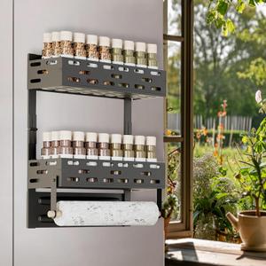 PTAEXCEL Magnetic Spice Rack for Refrigerator, Magnetic Shelf for Fridge Moveable Magnetic Paper Towel Holder Metal Fridge Magnet Orqanizer 8 Hooks for Kitchen Space Saving (Black 2)