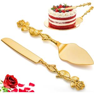 Wedding Cake Knife and Server Set, Gold Cake Cutting Set for Wedding, Vintage Rose Wedding Cake Cutter and Server for Birthday, Party, Anniversary, Cake, Pie, Pizza