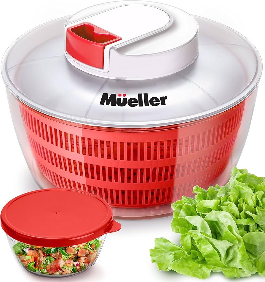 Mueller Salad Spinner with QuickChop Pull Chopper, Vegetable Washer with Bowl, Anti-Wobble Tech, Lockable Colander Basket and Lid with Pull Cord - Lettuce Washer and Dryer