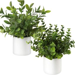 Briful Mini Fake Plants Set of 2 Small Faux Plant Eucalyptus Rosemary Greenery Potted Plants Artificial Decor for Home Table Office Room Desk Bathroom Shelf Kitchen Farmhouse Mantel Decoration