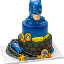 DecoSet Batman to the Rescue Cake Topper, 4 Piece Cake Decoration, Includes Batman Case With a Hidden Fold Out Batmobile Launcher, Free Wheeling Batmobile Car, and Joker and Penguin