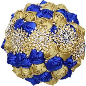 Bridal Brooch Wedding Bouquet with Bling Gold Rhinestone Pearl for Bride Bridesmaid Quinceanera Satin Rose Flower Bouquet Wedding Royal Blue and Gold 7.1in