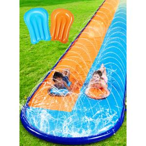 Sloosh 22.5FT Double Water Slides, Heavy Duty Lawn Slide with Sprinkler and 2 Inflatable Boards Backyard Yard Lawn Summer Outdoor Water Toy for Kids Adults
