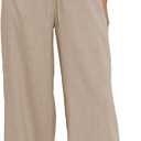 Womens Cotton Linen Palazzo Pants Drawstring Elastic Waist Casual Wide Leg Trousers with Pockets M