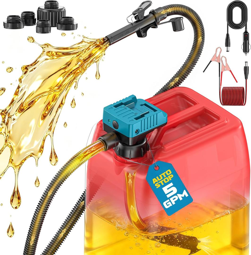 DIYtoolifz 5 GPM Cordless Fuel Transfer Pump with Auto Shut-Off & Beep Alert, Compatible with Makita 18V Batteries, Portable Gas Can Pump for Gasoline, Diesel, 51" Hose & 5 Adapters (Bare Tool)