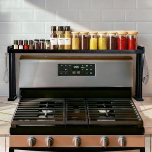 Over the Stove Shelf, Bamboo Stove Top Spice Rack for Kitchen,Wooden Stove Shelf for Back of Stove, Non-slip Countertop Seasoning Organizer with 6 hooks,Easy to Assemble 33.5*4.5*13.4” Black
