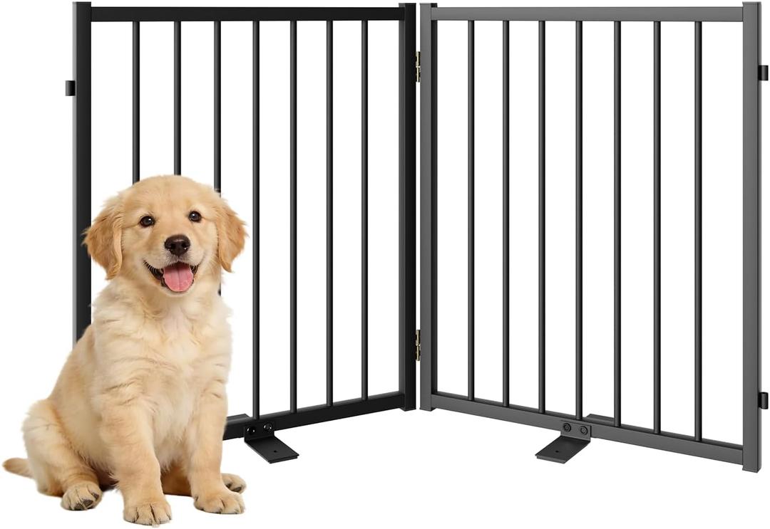 SNUOWU Full Metal Freestanding Dog Gate with Door, 24'' Height Foldable Pet Dog Fence for Indoor & Outdoor, 2 Panels Extra Wide Free Standing SmallDog Gates for Doorways,House,Stairs,Porch,Deck,Yard
