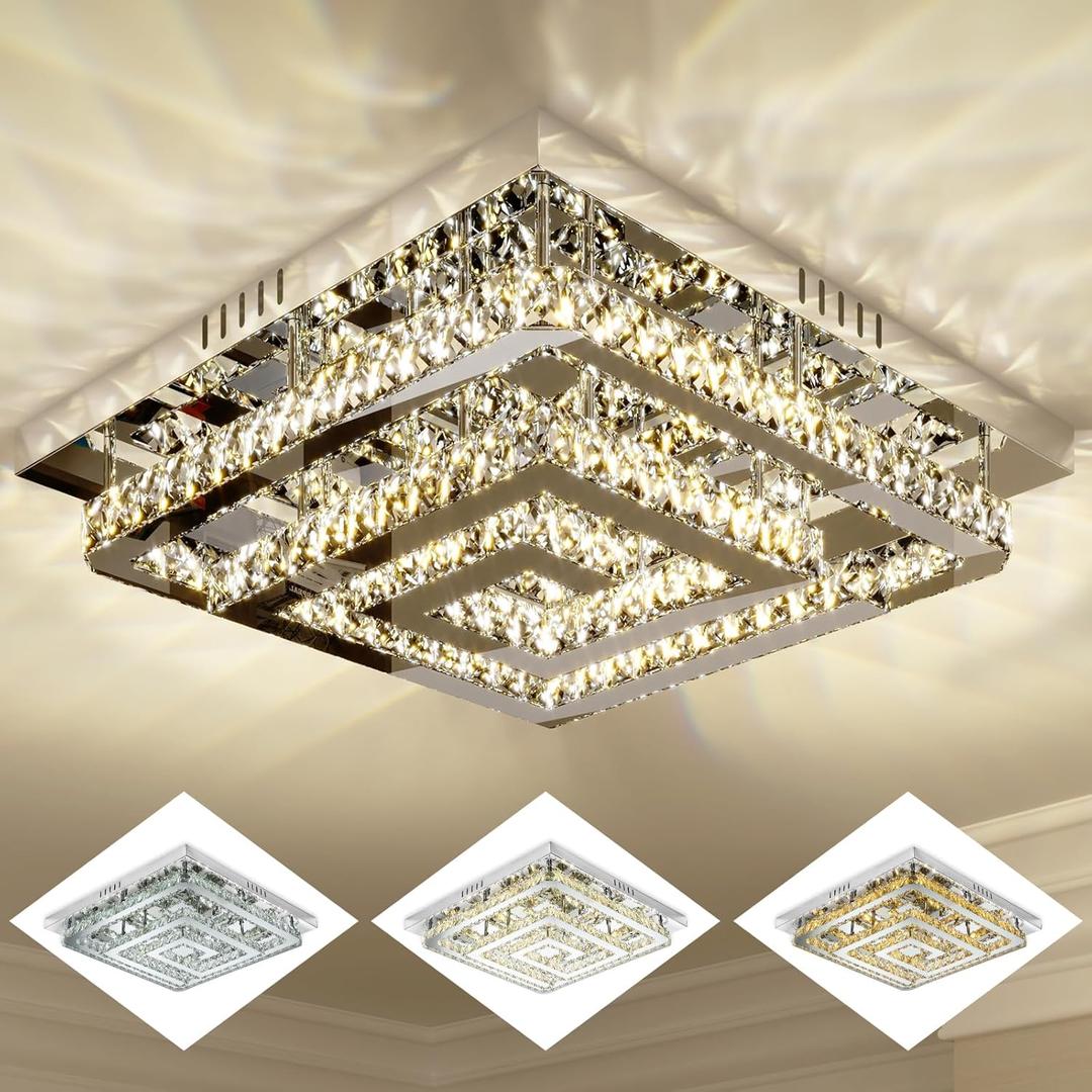 24" Large Crystal Chandelier with Remote Control, 3 Color Temperature Light Fixture & Brightness Adjustable, Modern Flush Mount LED Ceiling Light Fixture for Living Room Kitchen Hallway Dining Room (Silver)