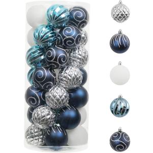 Valery Madelyn Ornaments for Christmas Trees, 35ct Navy Blue and Silver Shatterproof Christmas Tree Decorations, 2.76 Inches Winter Wonderland Hanging Ball Ornaments Bulk for Xmas Holiday Decor