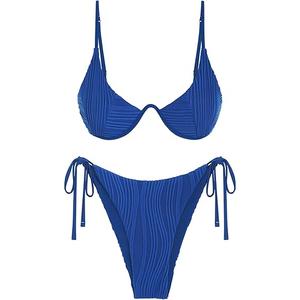 ZAFUL Women's Bikini Sets Ribbed Two Piece Swimsuits Underwire Adjustable Back Clasp Bathing Suit Side Tie Thong Swimwear, Size S