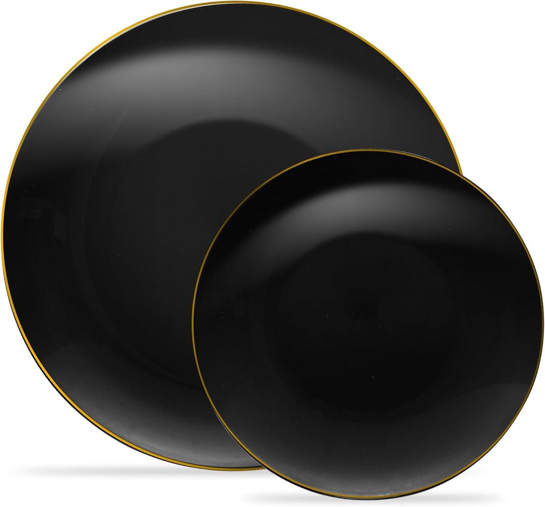 PLASTICPRO 32 Piece Combo Plate Set includes 16-7'' inch Plates & 16-10'' inch Dinner Plate Black Plastic With Gold Rim Design Party Plates, Premium heavyweight Elegant, Disposable