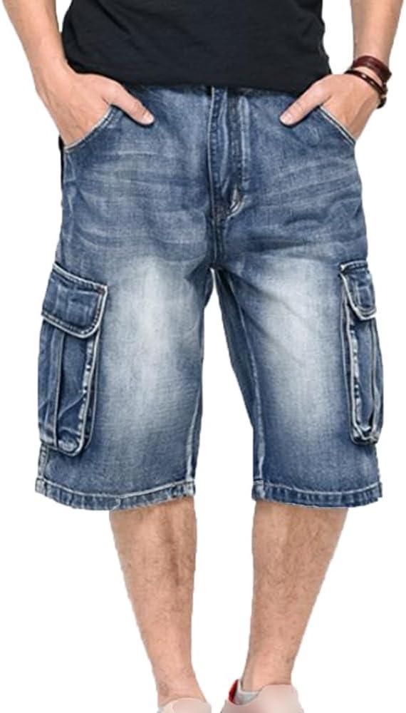 Men's 3/4 Cargo Biker Jean Shorts Vintage Distressed Denim Shorts Casual Multi-Pocket Short Pants (Blue, 32)