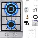 12 inch Gas Cooktop, Bulit-in Gas Stove Top with 2 Burner, NG/LPG Convertible Cooktops, Dual Burner Propane Cooktop with Thermocouple Protection, Stainless Steel